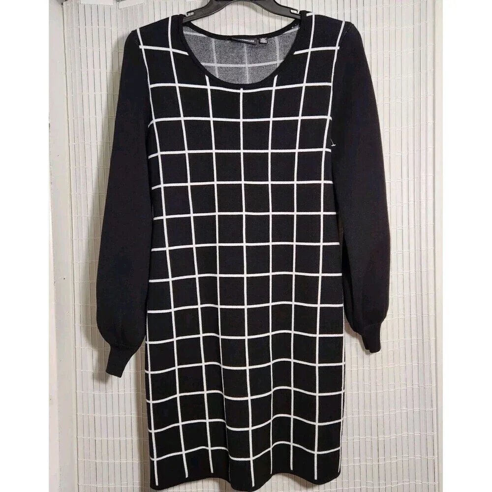 Nina Leonard Dress Size Large Black And White Ballon sleeve Stretch NEW